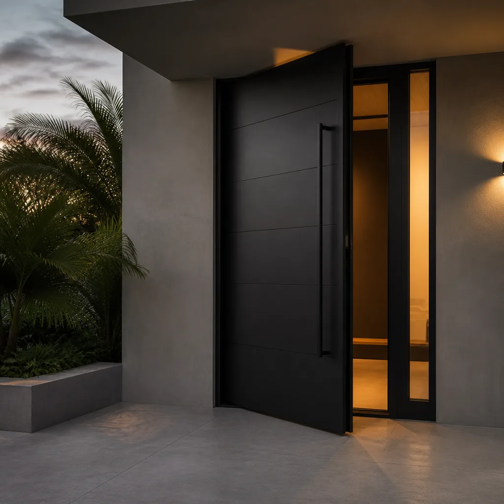Modern matte black pivot front door installation on a contemporary home