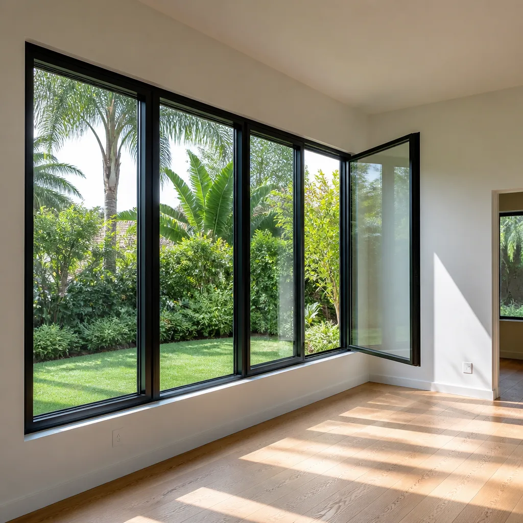 modern black-framed windows with expansive view of lush backyard garden