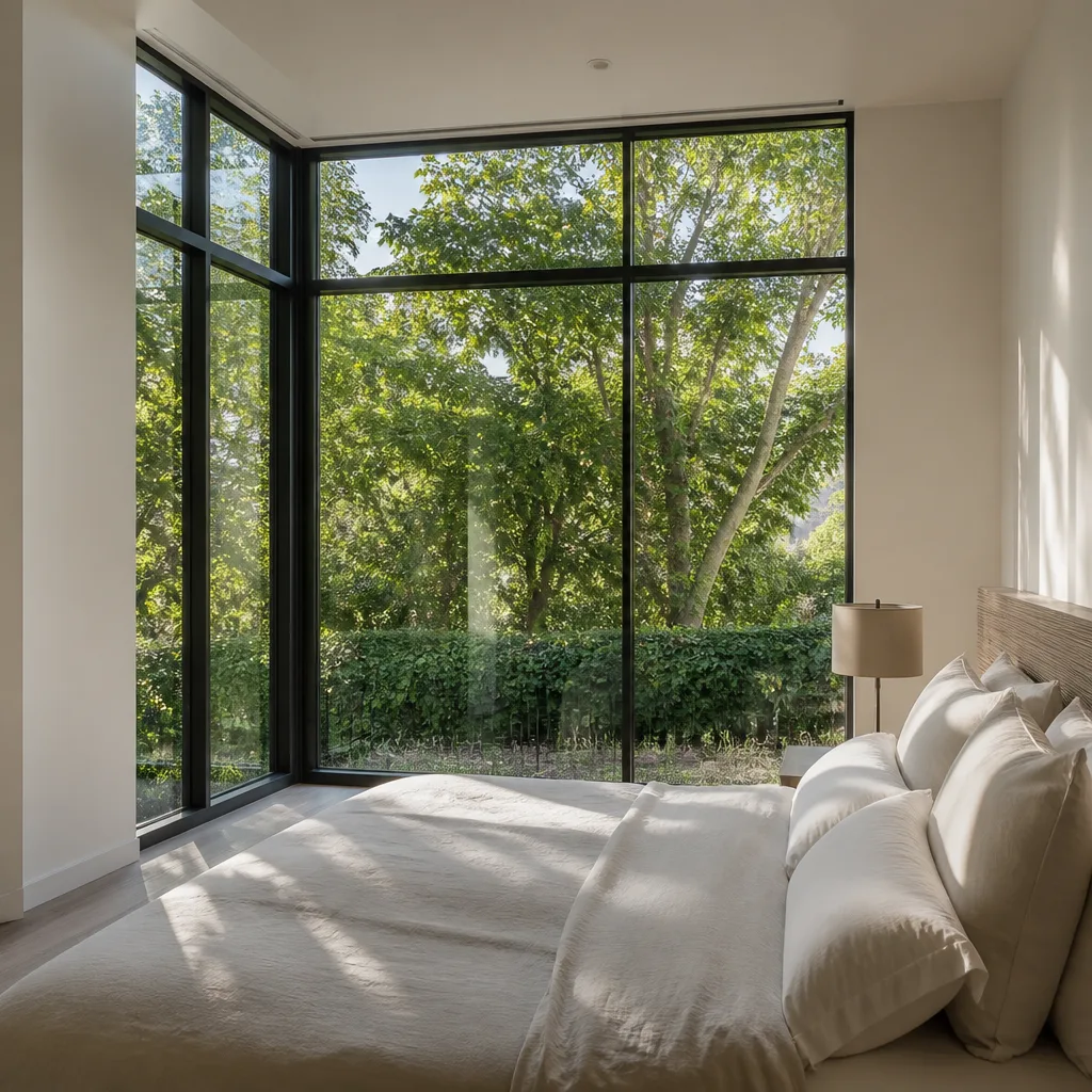 Modern floor-to-ceiling corner window installation in a bright, contemporary bedroom.