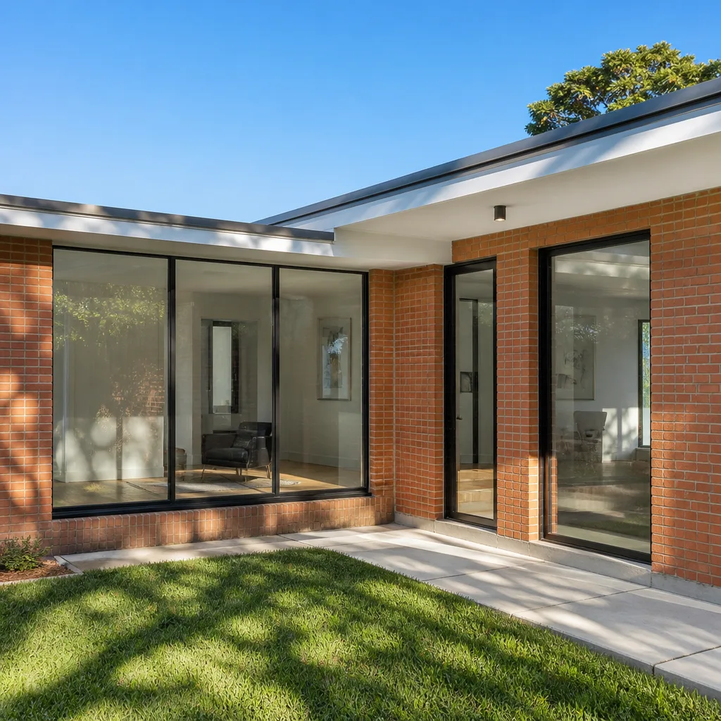 Modern home exterior featuring professional black framed window replacement and door installation.