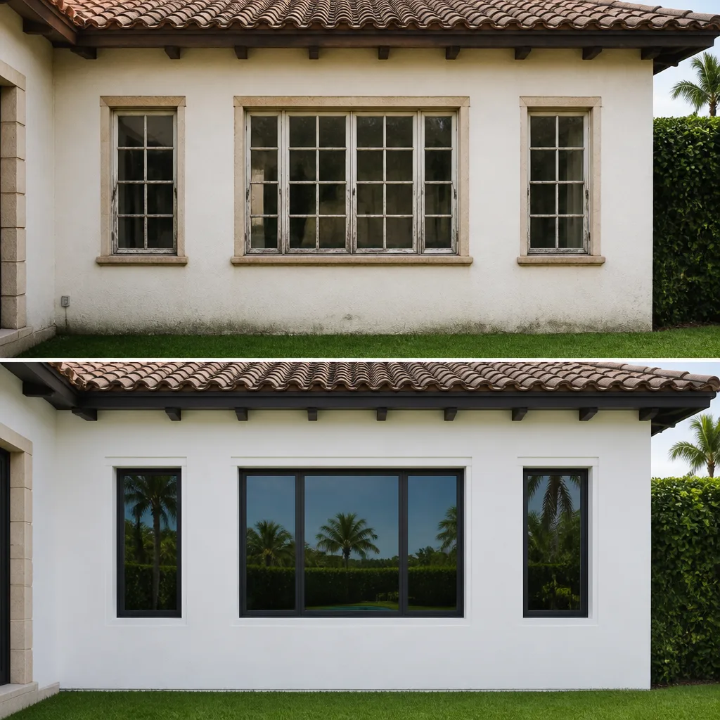 Before and after professional residential window replacement featuring modern black frames